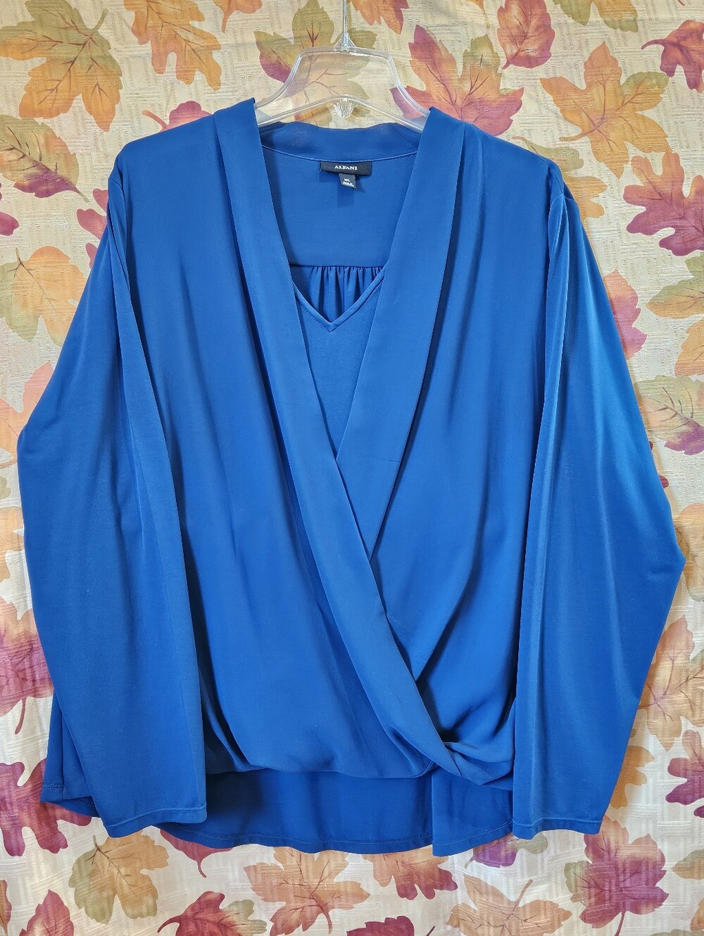 Alfani XXL Cobalt Blue Long Sleeve Draped V-Neck Top, Faux Wrap Elegant Blouse - Picture 3 of 7